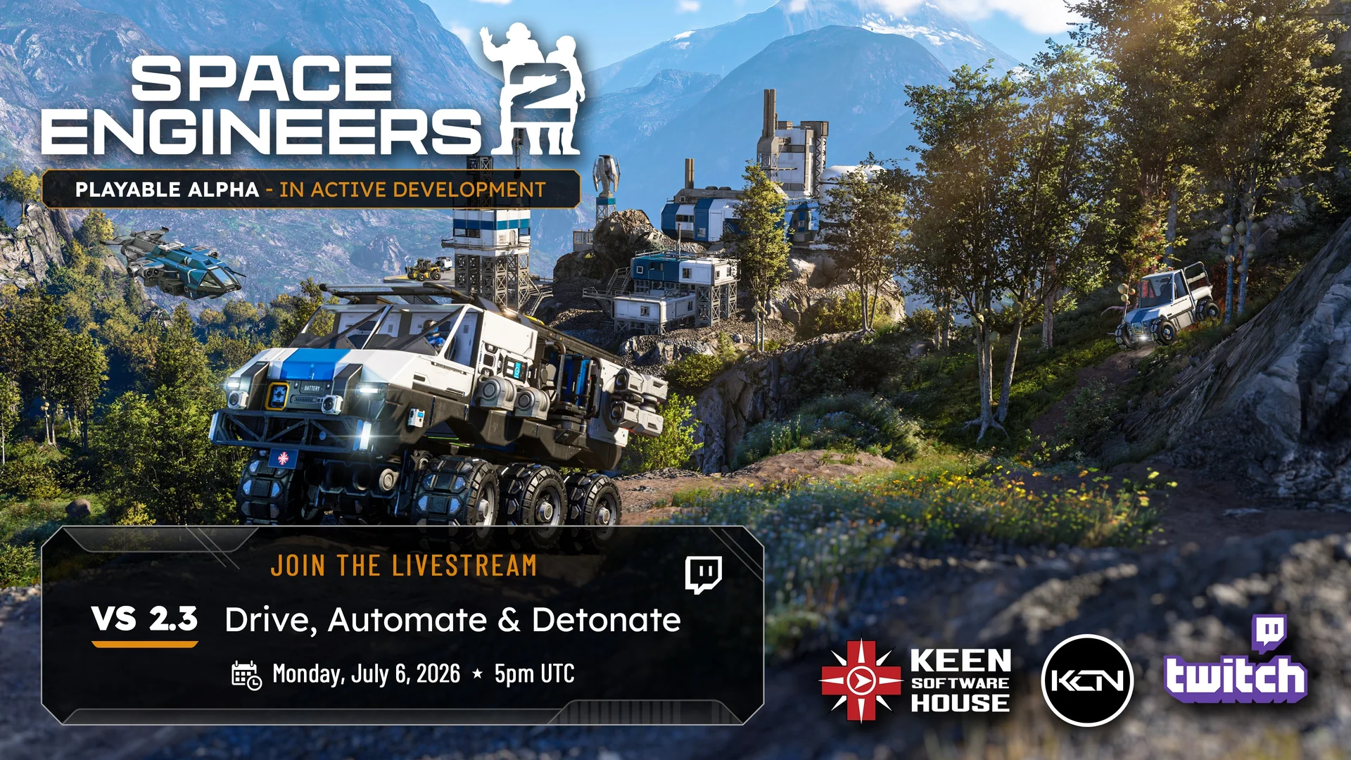 Space Engineers 2 VS2.3 update brings wheels, hinges, warheads on July 6 cover image.